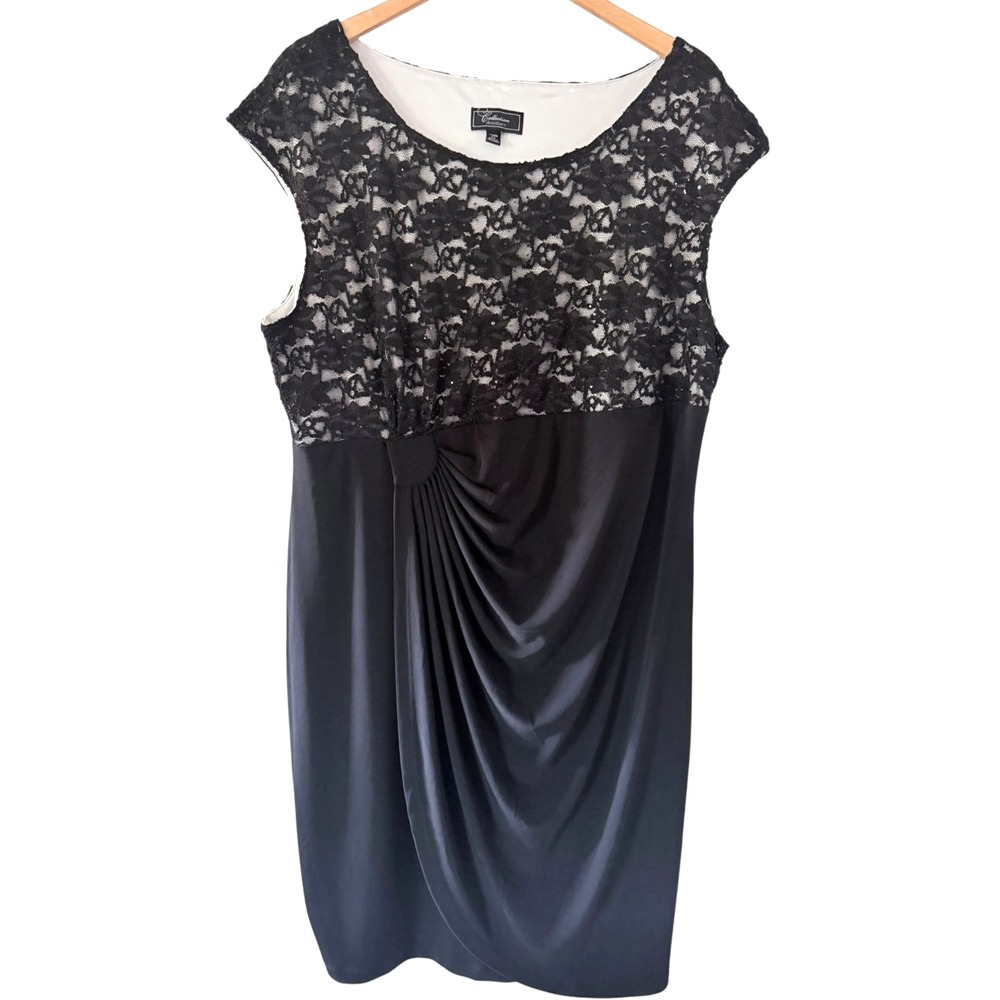 Dressbarn Collection Womens Plus Size 22 Black Floral Lace Ruched Cocktail Dress